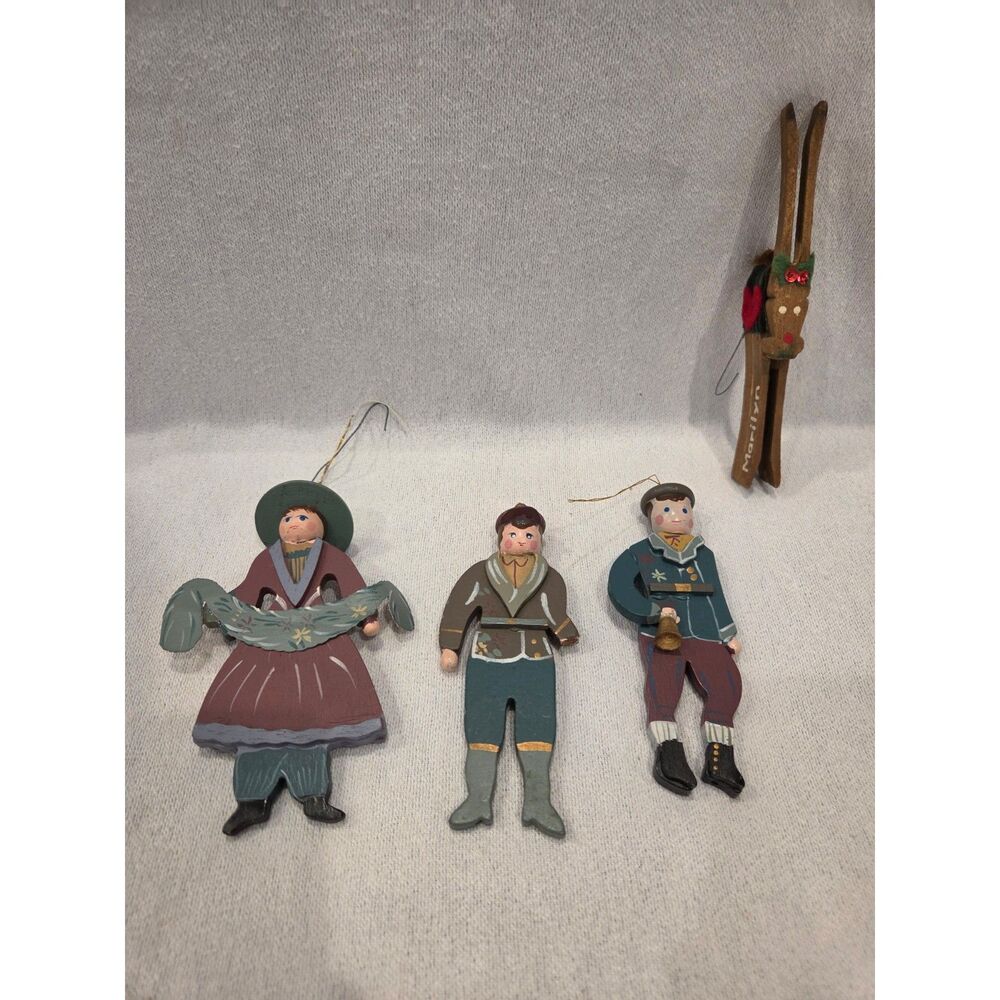 Vintage Hand Painted Wooden Christmas Ornaments Lot 3 Victorian Carolers 1980s